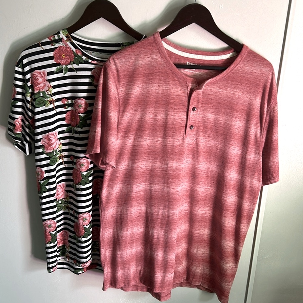 Express Ombré and Young & Reckless Striped and Floral Graphic Men’s T-Shirt Pair